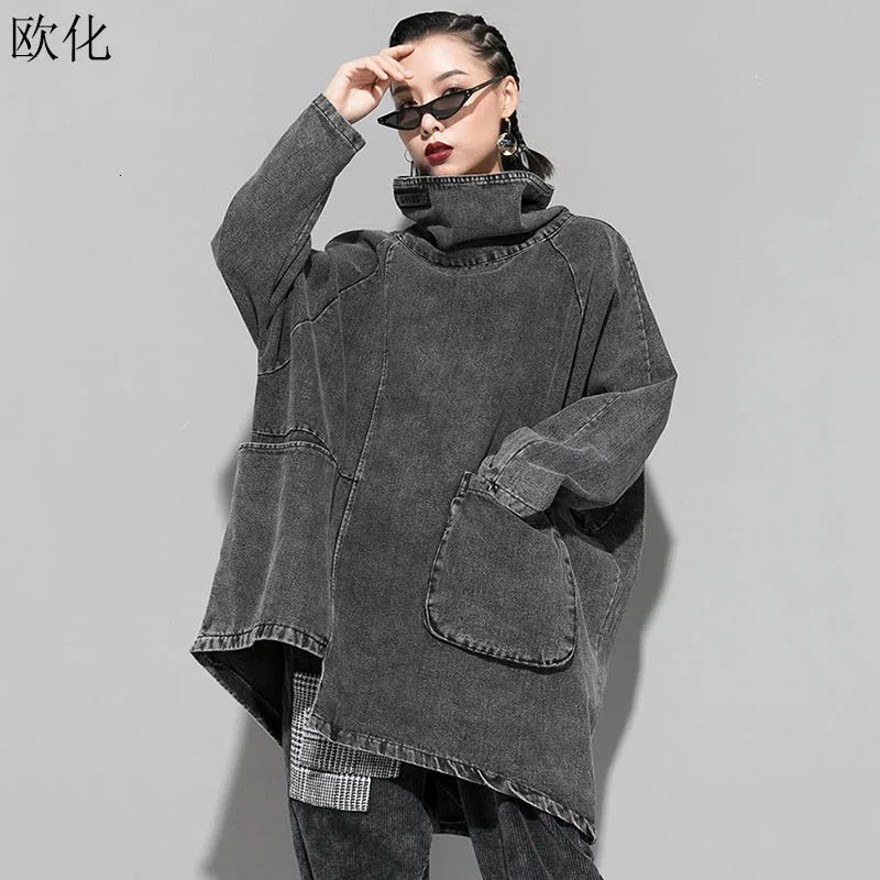  oversize Denim sweatshirts hoodies women plus size batwing loose Harajuku turtleneck sweatshirt wom