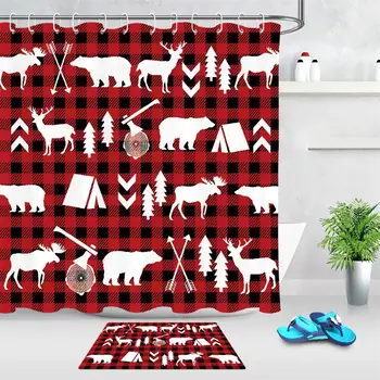

Christmas Cartoon Animal Plaid Pattern Bathtub Shower Curtain Home Bathroom Decoration Accessories Non-slip Carpet Door Mat