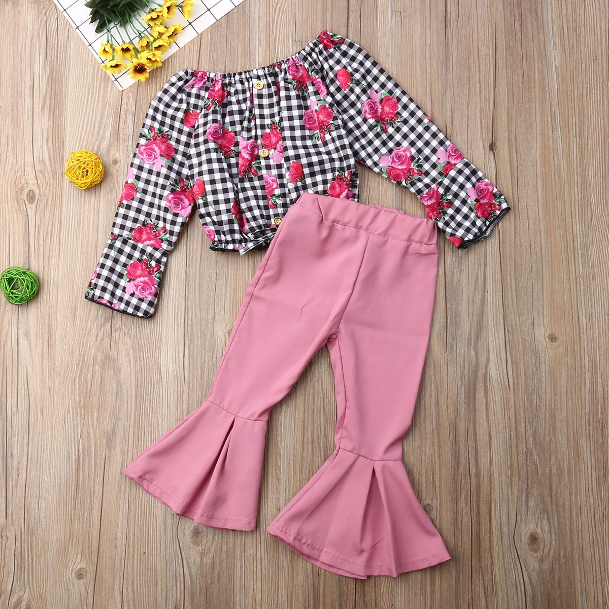 Коллекция года, весенне-осенняя одежда для малышей Топы с длинными рукавами и цветочным принтом для маленьких девочек, футболка штаны с колокольчиками, одежда 2-7T