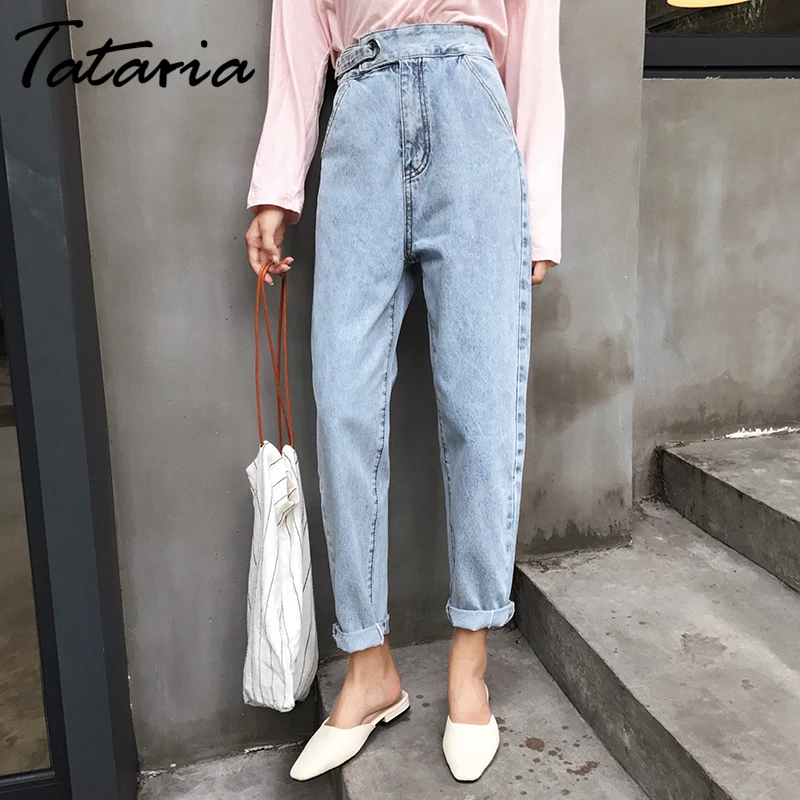 Tataria/осенние джинсы, женские джинсы с высокой талией, женские джинсовые штаны-шаровары длиной до щиколотки, женские винтажные Свободные Повседневные Джинсы бойфренда - Цвет: Blue