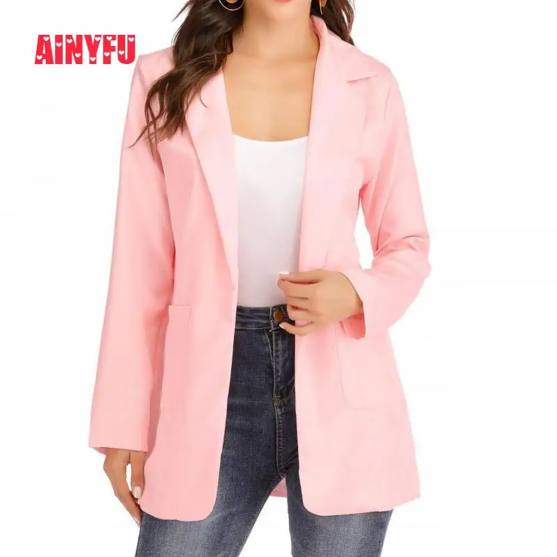 New  Ainyfu Solid Temperament Slim Suit Jacket Woman Turn-down Collar Office Lady Coats Long Sleeve Patc