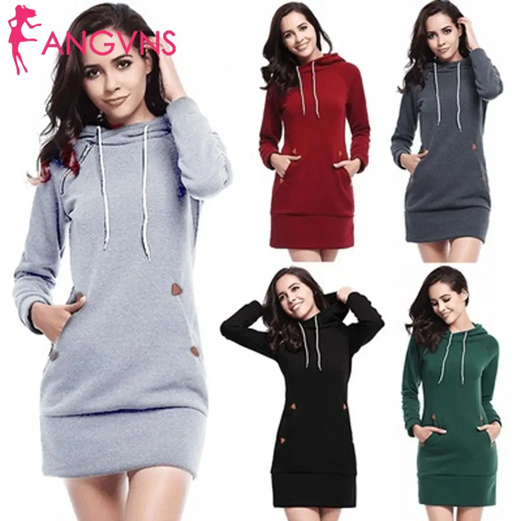 

Women Hooded Sweatshirt Long Sleeve Drawstring Pullover Dress Casual Autumn, Winter With Drawstring, Pockets