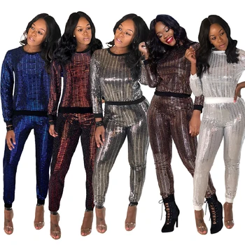 

Wjustforu 5 Color Casual Sequin Two Piece Set Women Long Sleeve Pullover Tops + Long Pants Female Winter Sexy Tracksuit Vestidos
