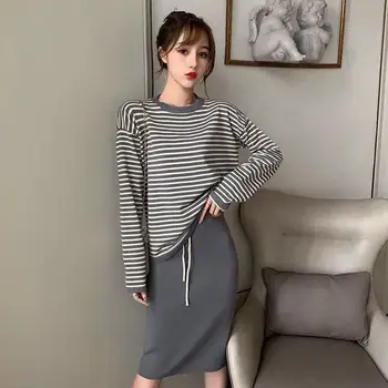 

MISSKY Women Sets Spring Autumn Fashion Two-Piece Suit Solid Color Skirt + Casual Long-sleeved Striped T-shirt Top Outfit