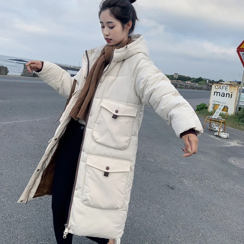 

2019 Korean-style down Jacket Women's Simple Loose-Fit down Coat Hooded Thick Mid-length over-the-Knee BF Style Students Cotton-