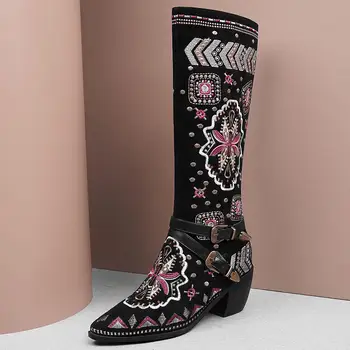 

Big size 43 Exquisite Embroidery Female Boot Great Quality Warm Plush Square Heel Buckle Winter Shoes Women Knee High Boots
