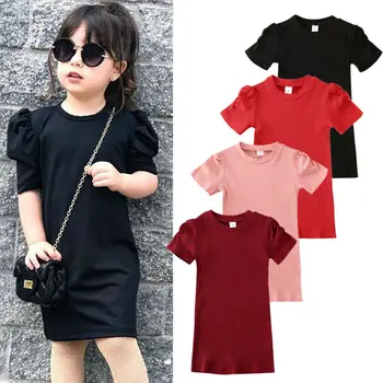 

Pudcoco 2020 Toddler Kids Baby Girls Dress 4 Colors Puff Sleeve Solid Straight Casual Knitted Dress Top Outfit 1-6Y