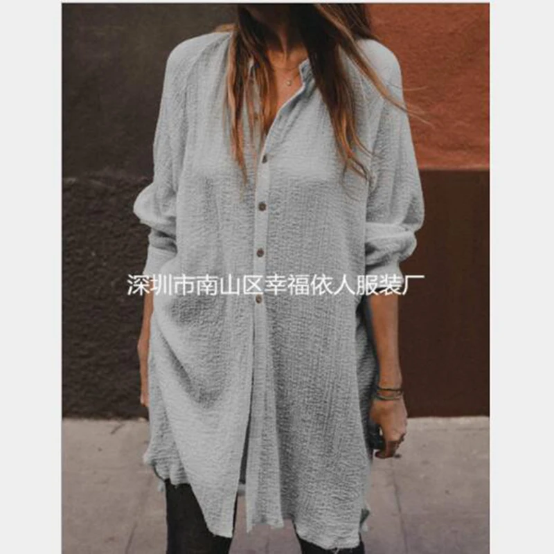 

2020 spring Women's Blouse solid color long-sleeved linen blouse large size casual loose Tops shirt