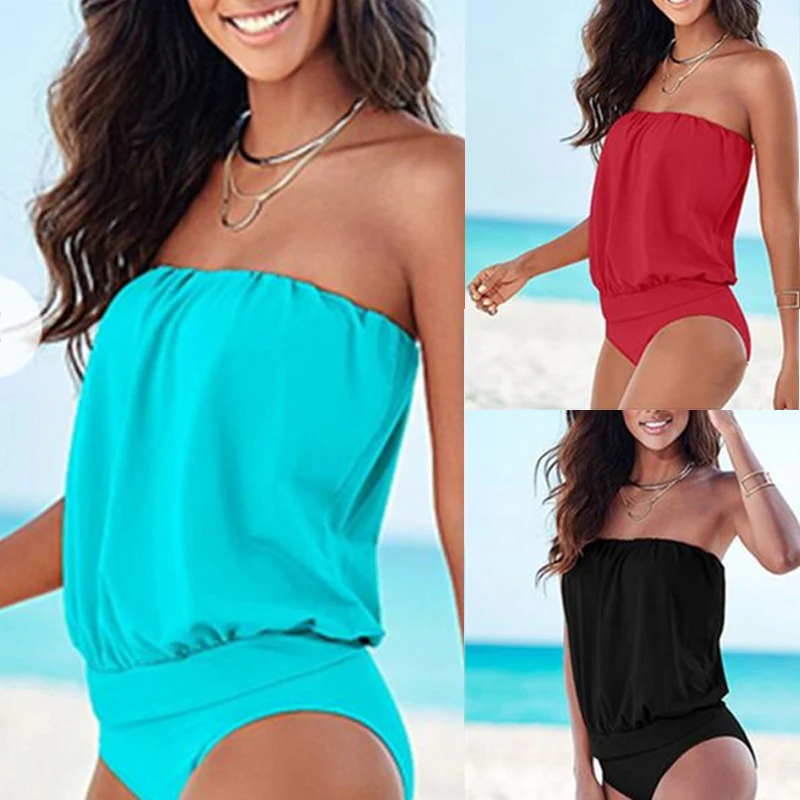 

Women's One-piece Ruffled Swimwear Halter Strapless Swimsuit Sexy Swimsuit Pure Color Swimwear Beach Swimming Suit Large Size