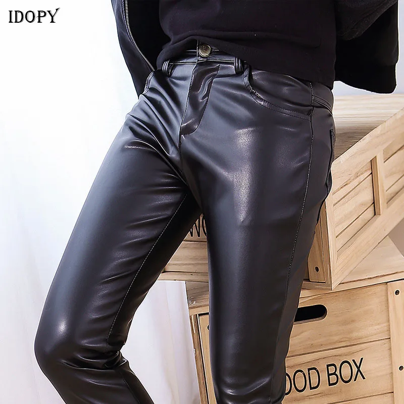 Idopy Модные мужские повседневные брюки из искусственной кожи эластичные черные деловые узкие брюки из искусственной кожи для мужчин