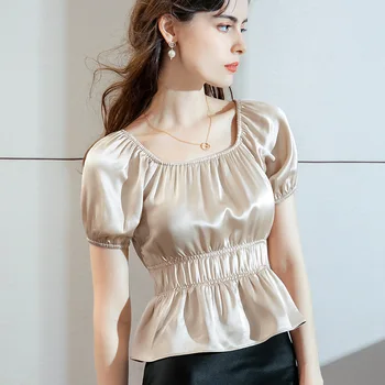 

Silky Acetate Satin T-shirt Women's 2020 Summer Short-Sleeved T-shirt French Vintage Ruffled Waist Hugging Square Collar Top