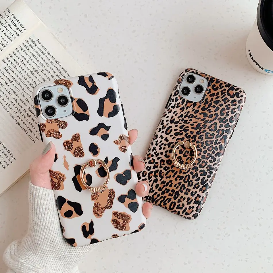 

For iPhone 11 Pro XS Max XR X Case Fashion Leopard Print With Ring Holder Phone Case For iPhone SE 8 7 Plus Soft IMD Back Cover