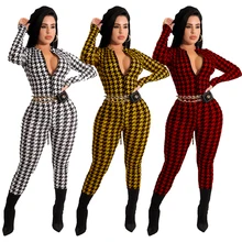 

Mm2157 European and American autumn and winter women's clothing features thousand bird check print round neck zipper one-piece w