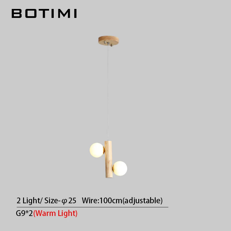 BOTIMI 4 Hanging Wooden LED Pendant Lights With Glass Ball Lampshade For Dining Modern Wood Suspension Kitchen Lighting Fixtures - Цвет корпуса: 2 Light
