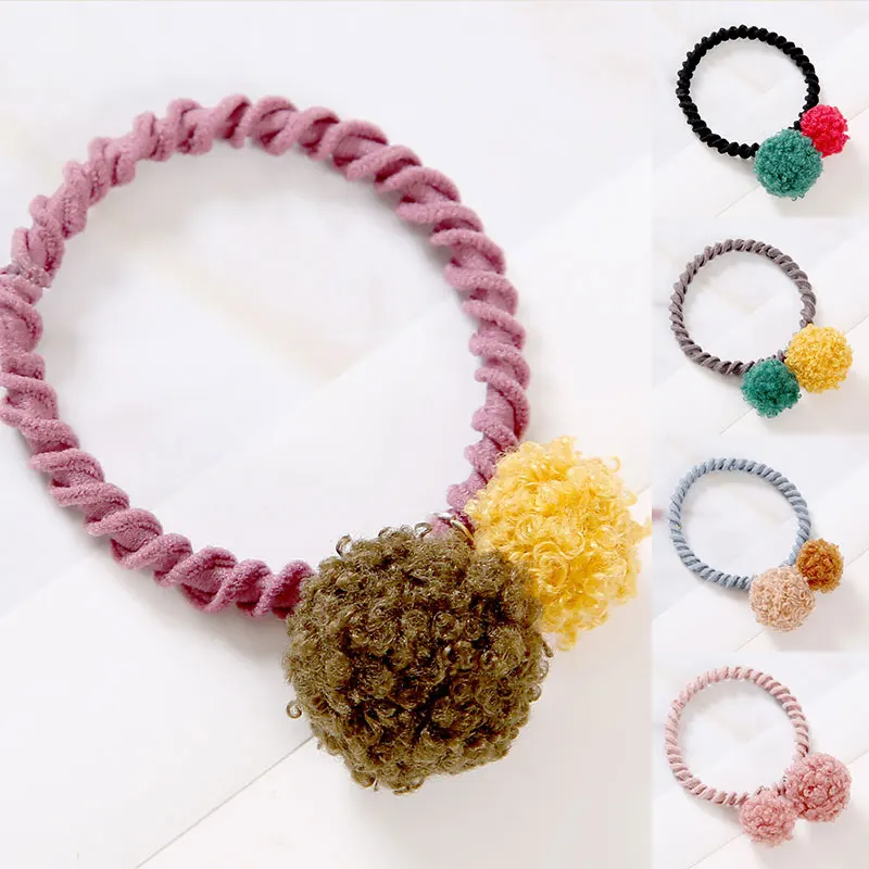Cute Little Woman Pompom Hair Ties Double Pom Pom Elastic Hair Band Rubber Bands Hair Accessories Scrunchies Ponytail Holder