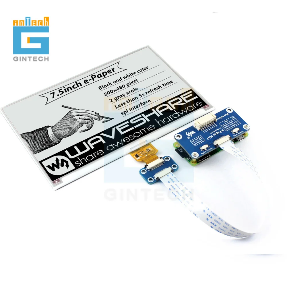 

7,5 дюймовый E-Ink дисплей шляпа для Raspberry Pi, 800 × 480 SPI интерфейс 7,5 дюйма e-Paper HAT