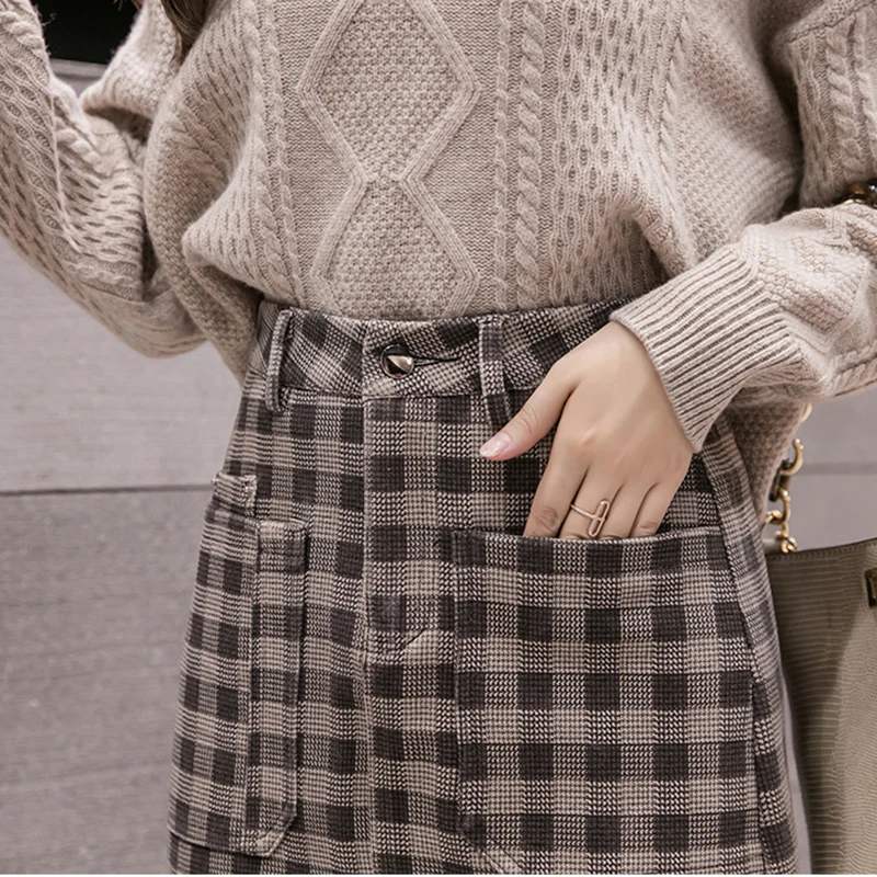 Faldas Mujer Moda клетчатая юбка с карманами, Зимняя юбка-карандаш с высокой талией, женская элегантная одежда средней длины, Jupe Femme