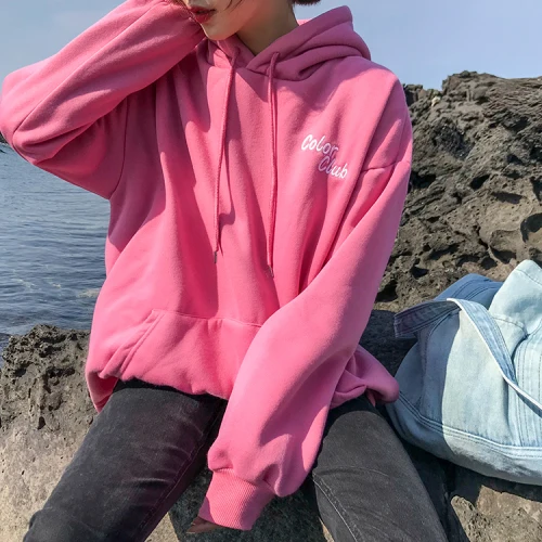 rose red Новинка Ulzzang, осень и зима, одноцветная толстовка, простая толстовка, свободная толстовка с капюшоном, толстовка с вышивкой, толстовка с длинным рукавом, худи на флисе, толстовка с капюшоном, толстовка на флисе - Цвет: rose red