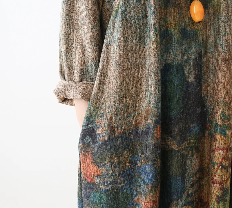 New Autumn Maxi Dresses for Women Vintage Loose Long Sleeve Dress Women Knitting RetroRabbit Hair Printed Robe Winter Vestidos