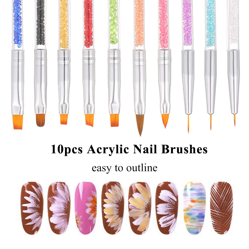 

10pcs Acrylic Nail Brushes Tools UV Gel 3D Nail Art Design Painting Drawing Liner Pen Set with Acrylic Rhinestone Handle