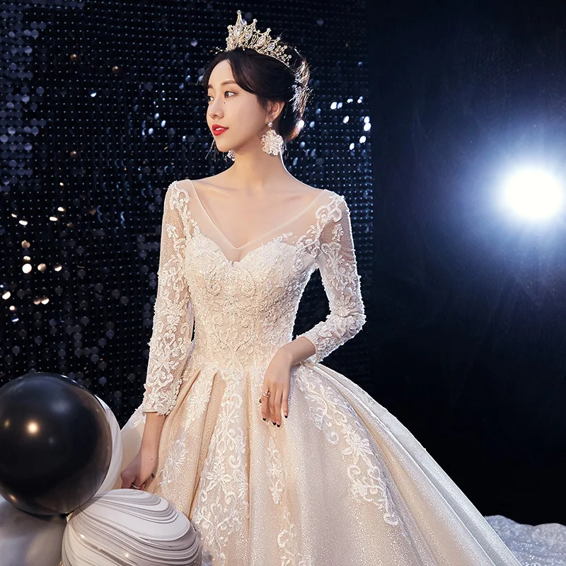 Vivian's Bridal роскошное свадебное платье принцессы, звездное небо, модное блестящее свадебное платье с длинным рукавом и длинным шлейфом, зимнее свадебное платье