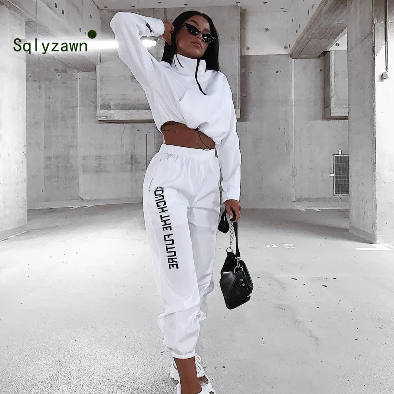 

Letter Print Autumn Women Two Piece Set Tracksuit Zipper Long Sleeve Outfits Women Sweatshirt Active Wear Crop Top And Pants Set
