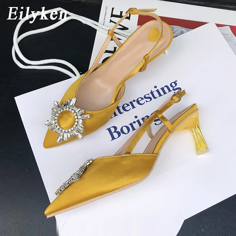 Yellow Eilyken/Желтые шелковые женские туфли-лодочки; босоножки с кристаллами; туфли на высоком каблуке с острым носком; женские туфли-лодочки из плексигласа на шпильках с ремешком сзади - Цвет: Yellow