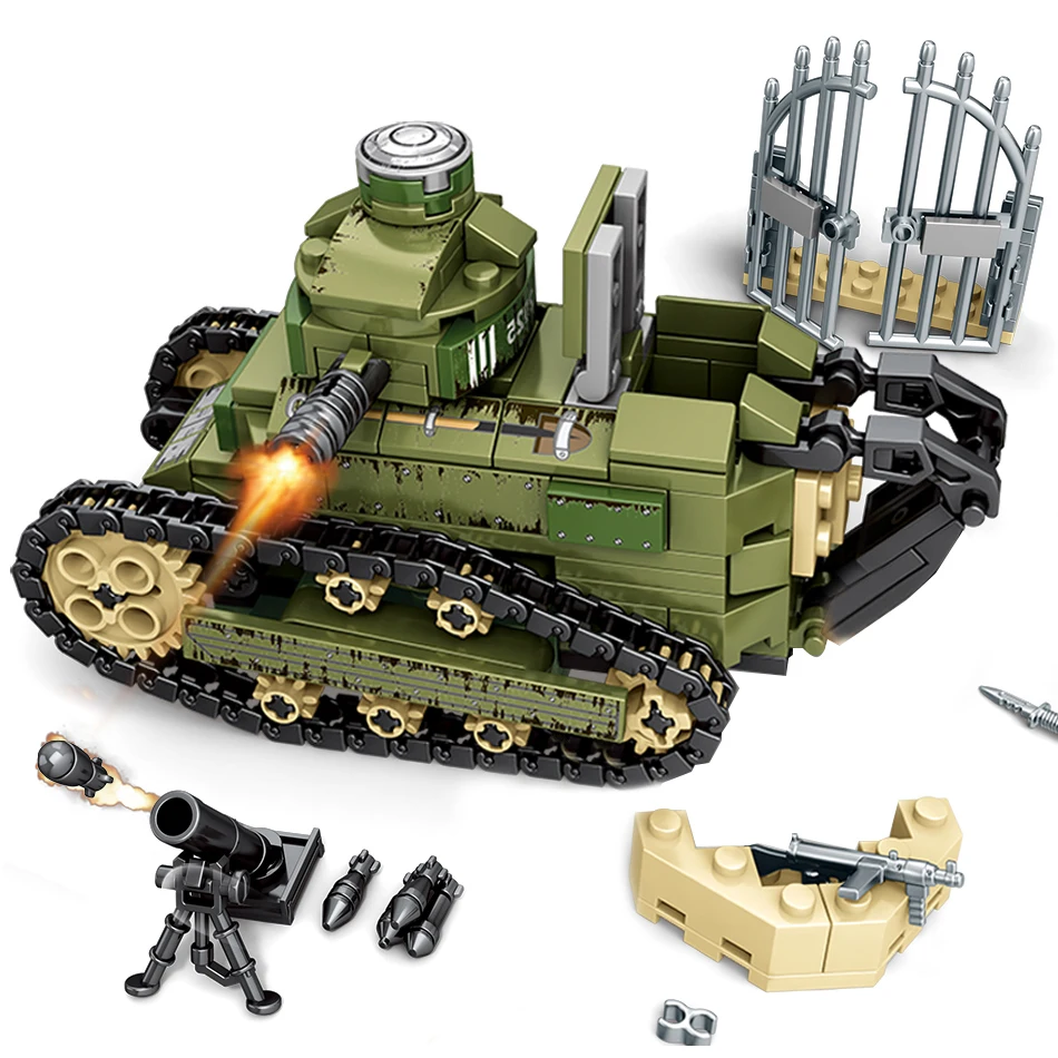 

368PCS Military Renault FT-17 Light Tank Model Artillery Weapon Building Blocks Compatible legoed WW2 Vehicle Soldier Kids Toys