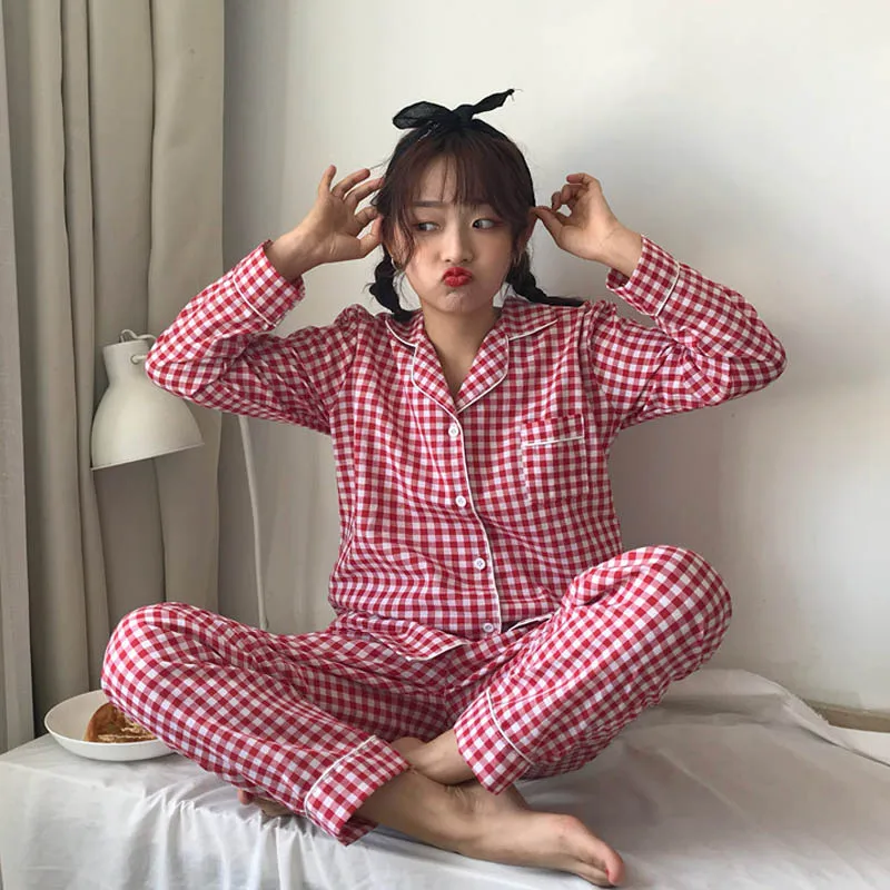 Pink Plaid Новые женские пижамы в клетку с принтом, милые пижамы, комплект из 2 предметов, тонкие женские пижамы с длинным рукавом, хлопковая Домашняя одежда, повседневные пижамы - Цвет: Pink Plaid