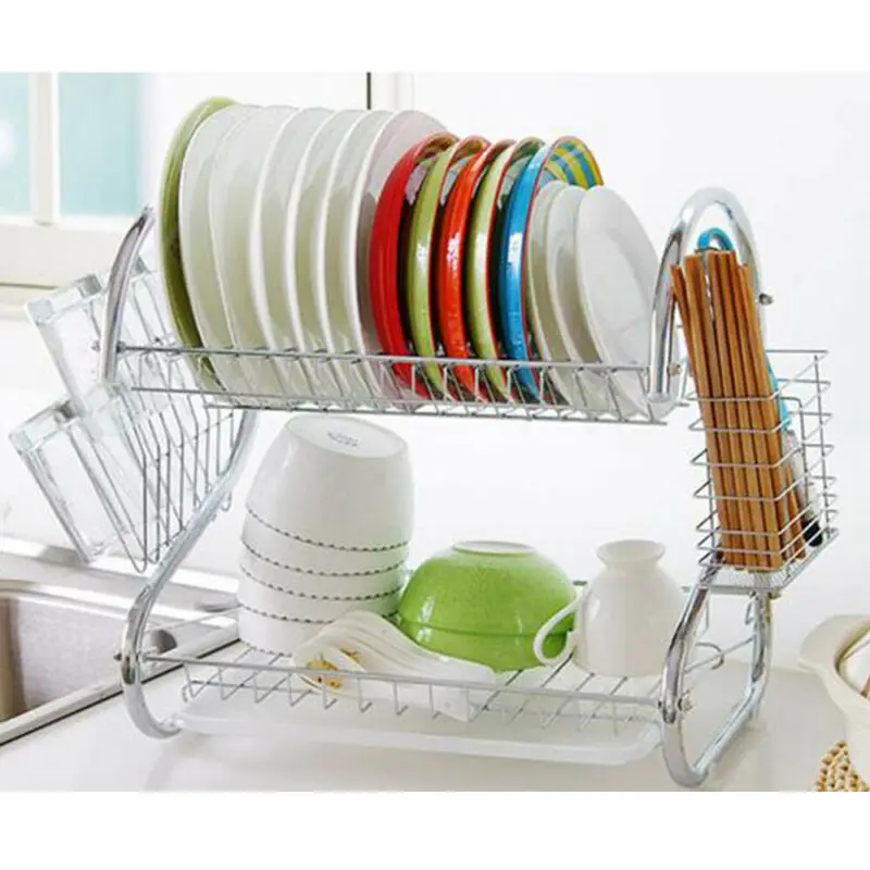 2Tier Stainless Steel Kitchen Rack Dish Bowl Holders Dish Drainer