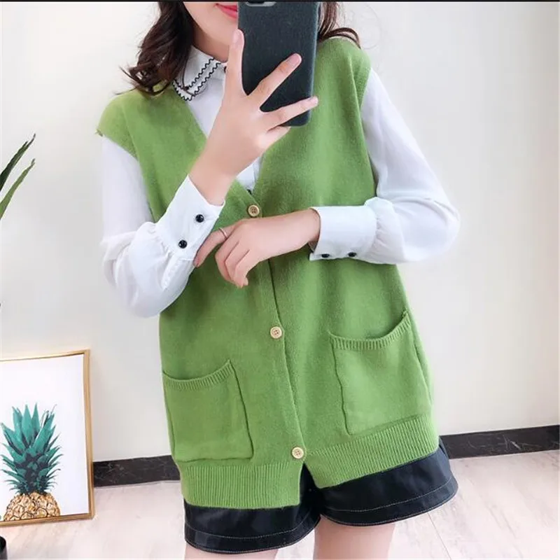green Spring autumn horse clips vest women new Korean loose tops V collar knitt student sweater cardigan coat female sleeveless vest - Color: green