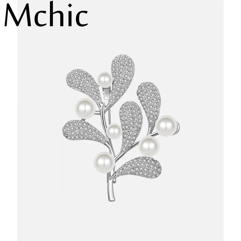 Mchic Fashion Luxury Bling Plant Brooch Shell Pearl CZ Leaves Leaf