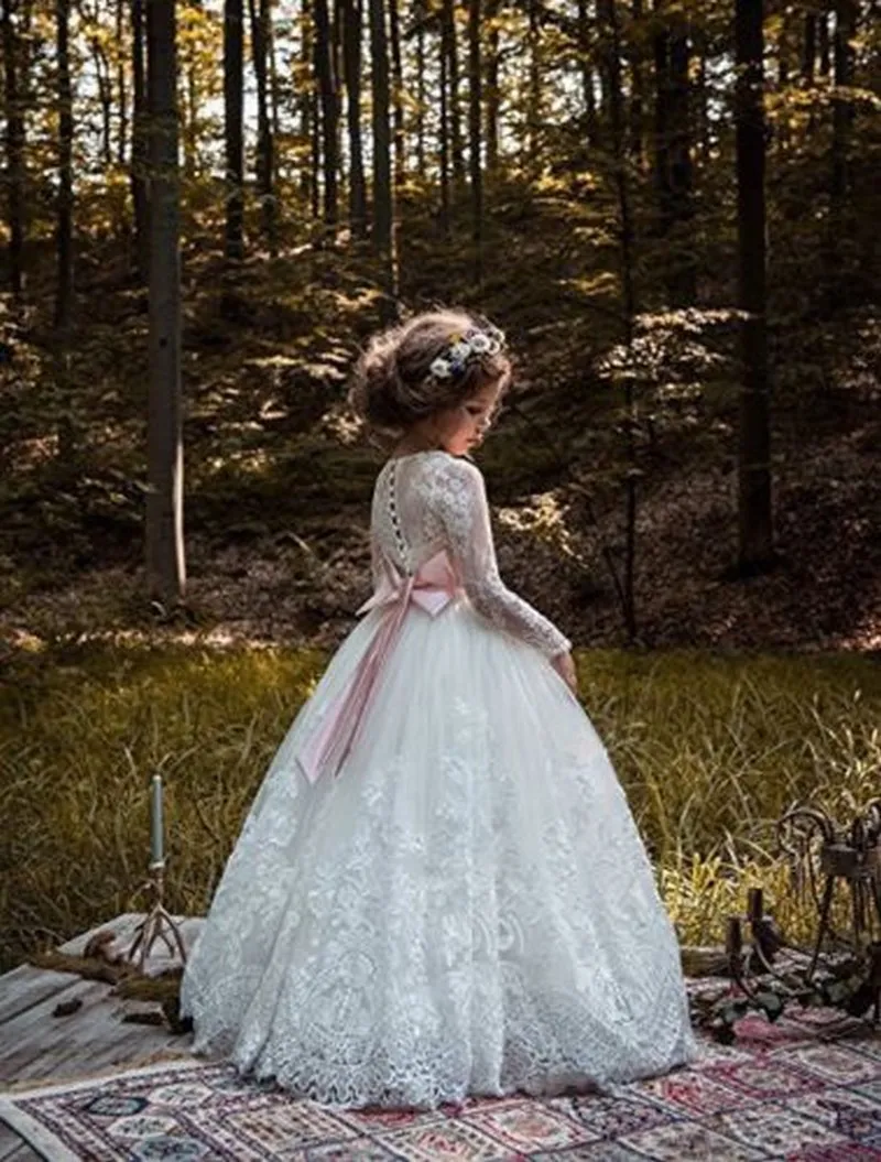 Lace First Communion Girl Dresses Cap Sleeve Long kids Prom Dress Evening Gown Flower Girl Dresses For Wedding