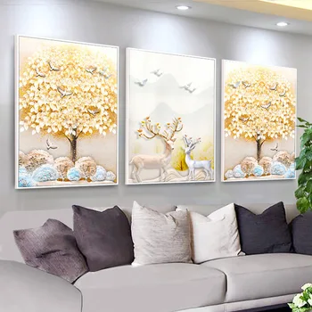 

Get Rich Milu Triptych Northern Europe Concise A Living Room Restaurant Decoration Painting Get Rich Tree Masonry Embroidery