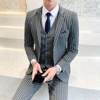 

BZBFSKY2020 Men's New Suit Youth Striped Business Casual Professional Suit Three Pieces