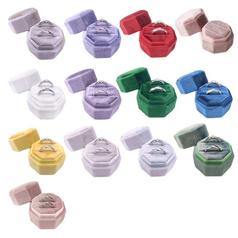 

Velvet Double Ring Box Octagon Wedding Ceremony Ring Box with Detachable Lid A2UA