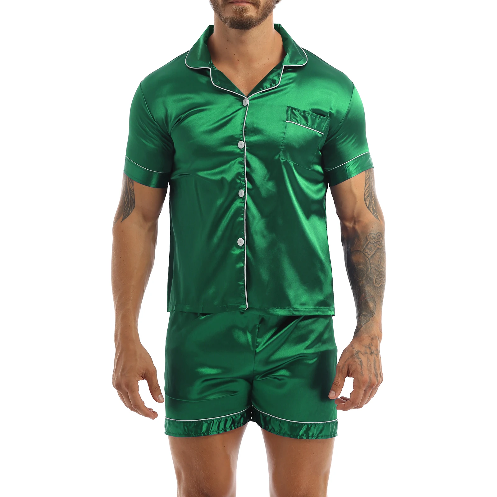 Fashion Mens Silky Satin Pajamas Set Solid Color Short Sleeves Button T-Shirt Tops with Elastic Waistband Boxer Shorts Sleepwear mens pjs sale