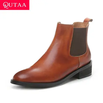 

QUTAA 2021 Autumn Winter Square Low Heel Ankle Boots Casual Round Toe Slip on Women Shoes Cow Leather Ladies Pumps Size34-39