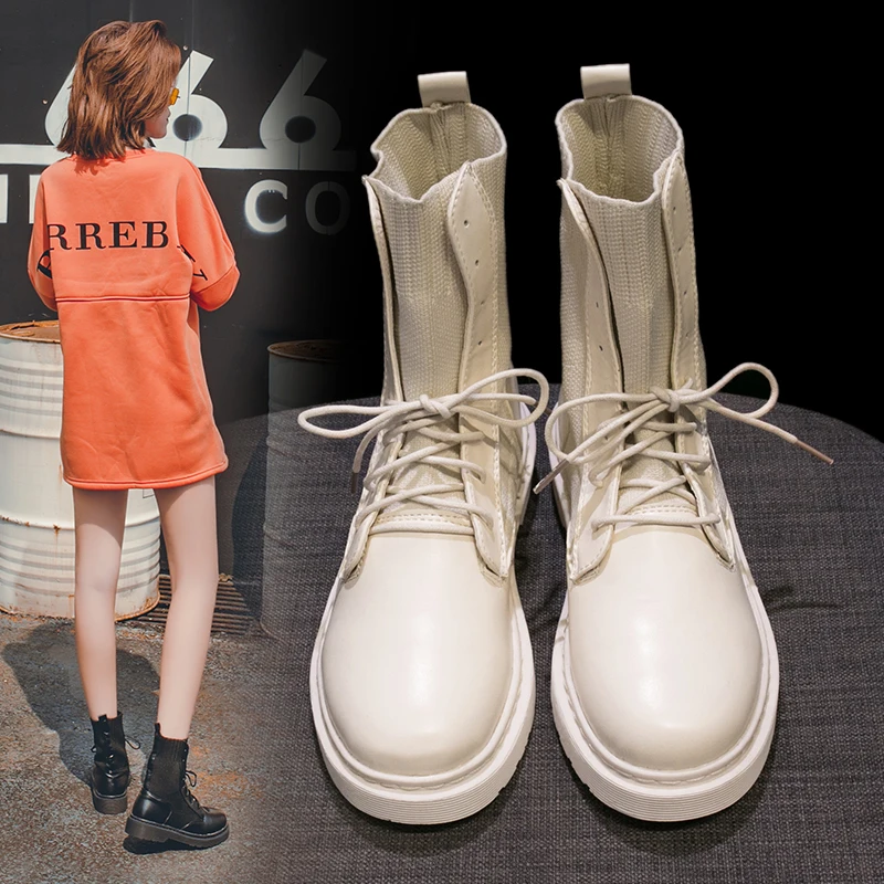

Shoes Women Army Sock British Flatform Ankle Stretch Knit Combat Muffin Lace Up Waterproof Winter Boots Military