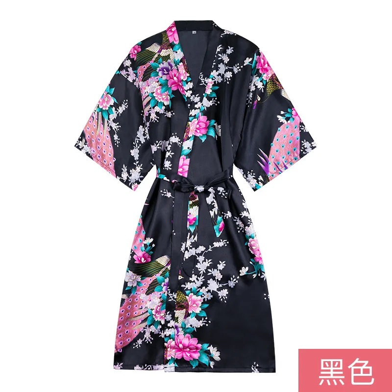 Yao ting Children Silk Pajamas Women's Summer Thin Section Cardigan Girls Printed Peacock Nightgown Tracksuit