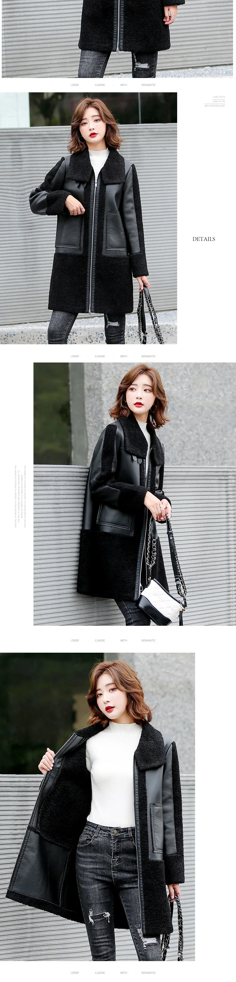 Winter Women Sheepskin Long Coats Thick Eco-leather Lambskin Wool Fur Big Pockets Jackets Splicing Black Motorcycle Outwear Hot