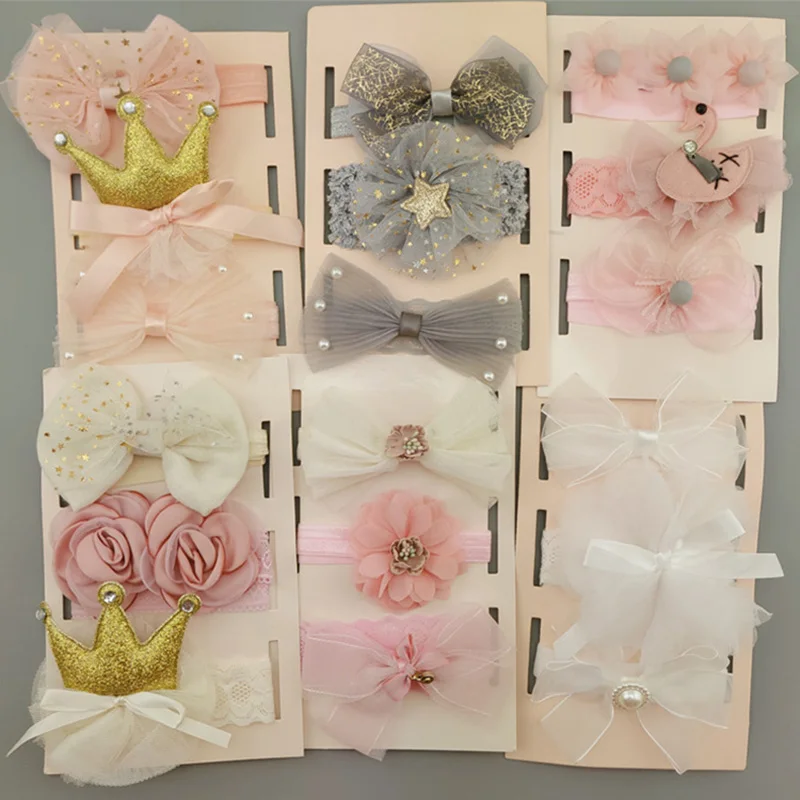 3Pcs/Set Flower Baby Girl Headband Bows Crown Newborn Toddler Turban Hair Band Headbands