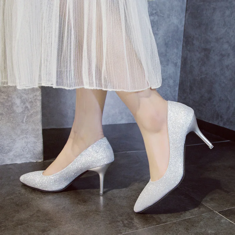High Heels Women 2020 Spring Autumn New Fashion Pointed Toe Shallow Fine Heel with Frosted Sequin Gold Work Wedding Shoes Woman