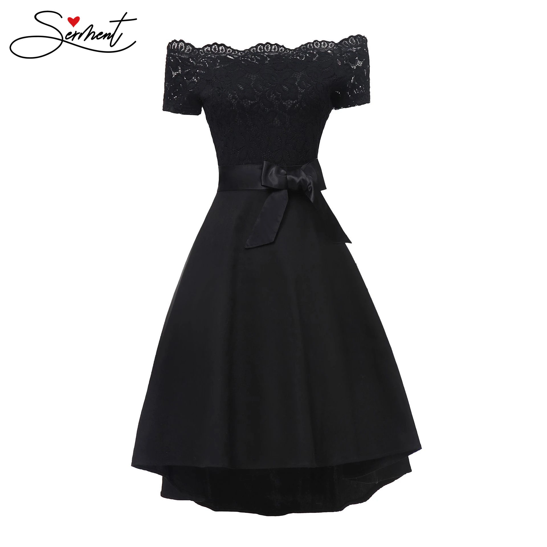 

Autumn and Winter New Solid Color Short Dress Evening Gow Embroidery Overalls Flower Lace Neck Line