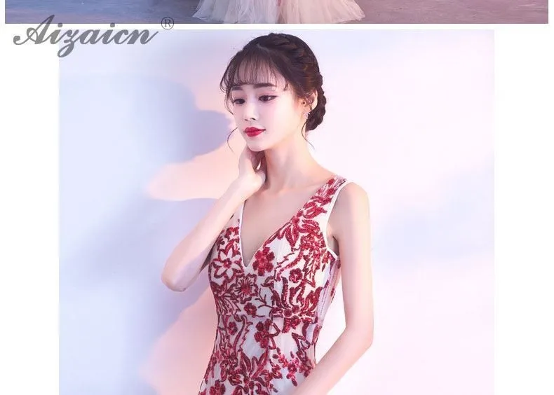 V-образным вырезом прозрачные вечерние платья в блестках Cheongsam Китай длинное вечернее платье Qi Pao женское китайское свадебное платье Qipao Русалка
