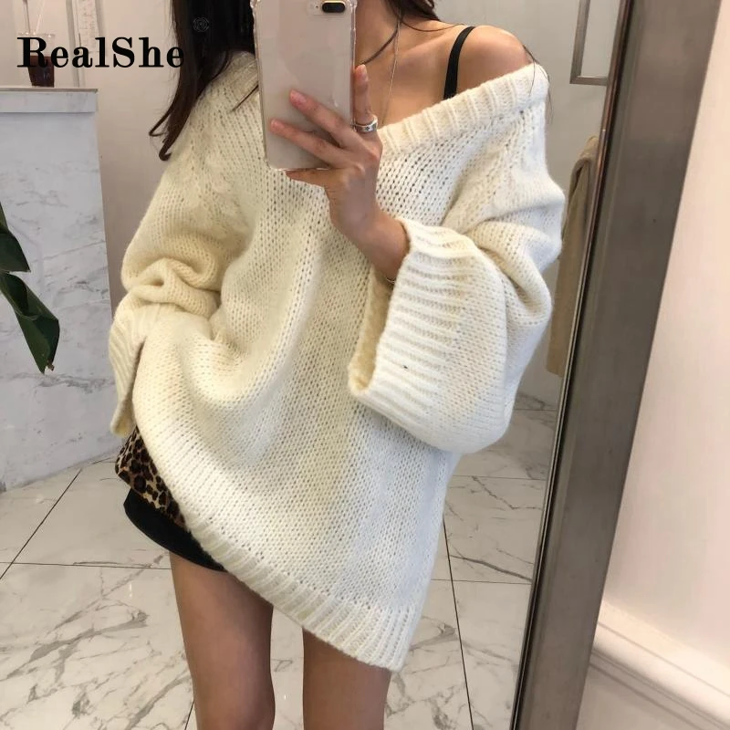 RealShe кашемировый женский свитер с круглым вырезом свободный длинным рукавом
