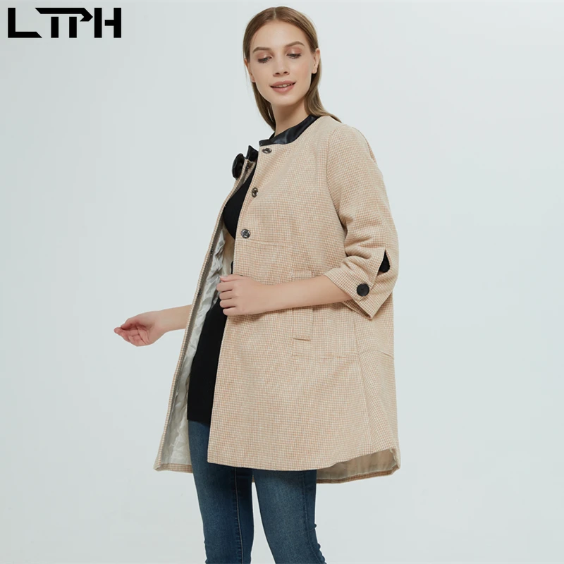 LTPH горячая Распродажа осенне-зимнее Новое Женское пальто с бантом из искусственной кожи с вышивкой в ломаную клетку однобортная Корейская версия свободного плаща
