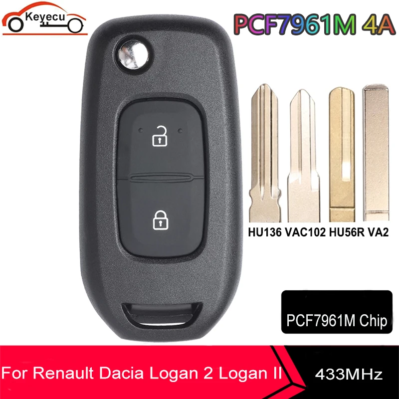 

KEYECU FSK 433MHz PCF7961M 4A Chip Flip Remote Key 2 Button Fob for Renault Dacia Logan 2 Logan II 2018 2019 2020
