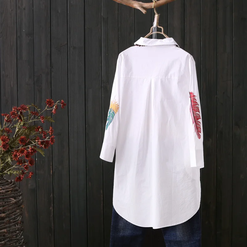 100% Cotton Plus size Feather Embroidery White Long Blouse Women 3/4 Sleeve Art Loose Ladies Office Work Tops Button Down Shirts
