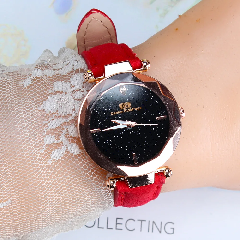 

Korean-style Man-made Diamond Rose Gold Quartz Watch Network Red Celebrity Style Ladies' Watch Fashion Leather Strap Watch Star